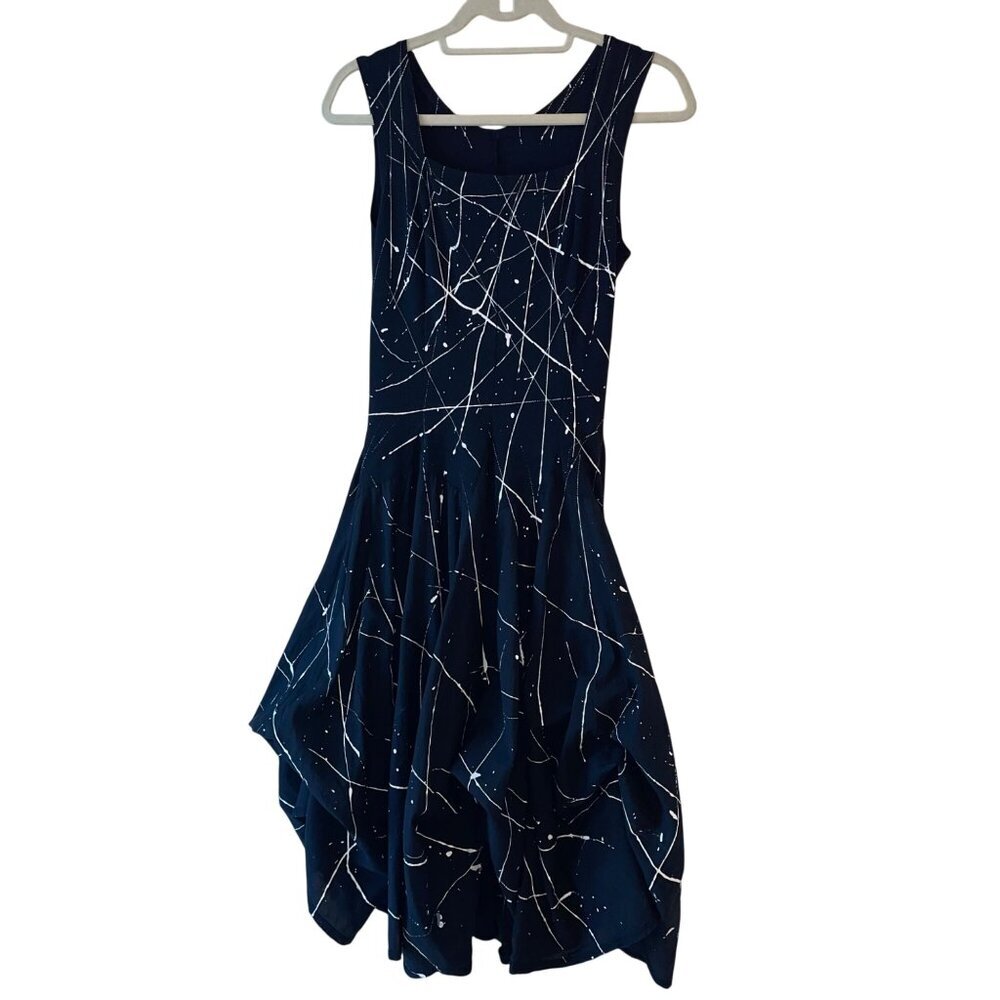 Luna Luz Womens Dress Size Small Black Jackson Pollock Bustle Square Neck
